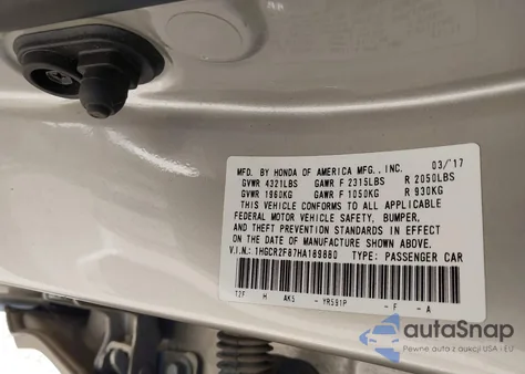 2017 Honda Accord Ex-L z USA, uszkodzony, nr VIN 1HGCR2F87HA189880